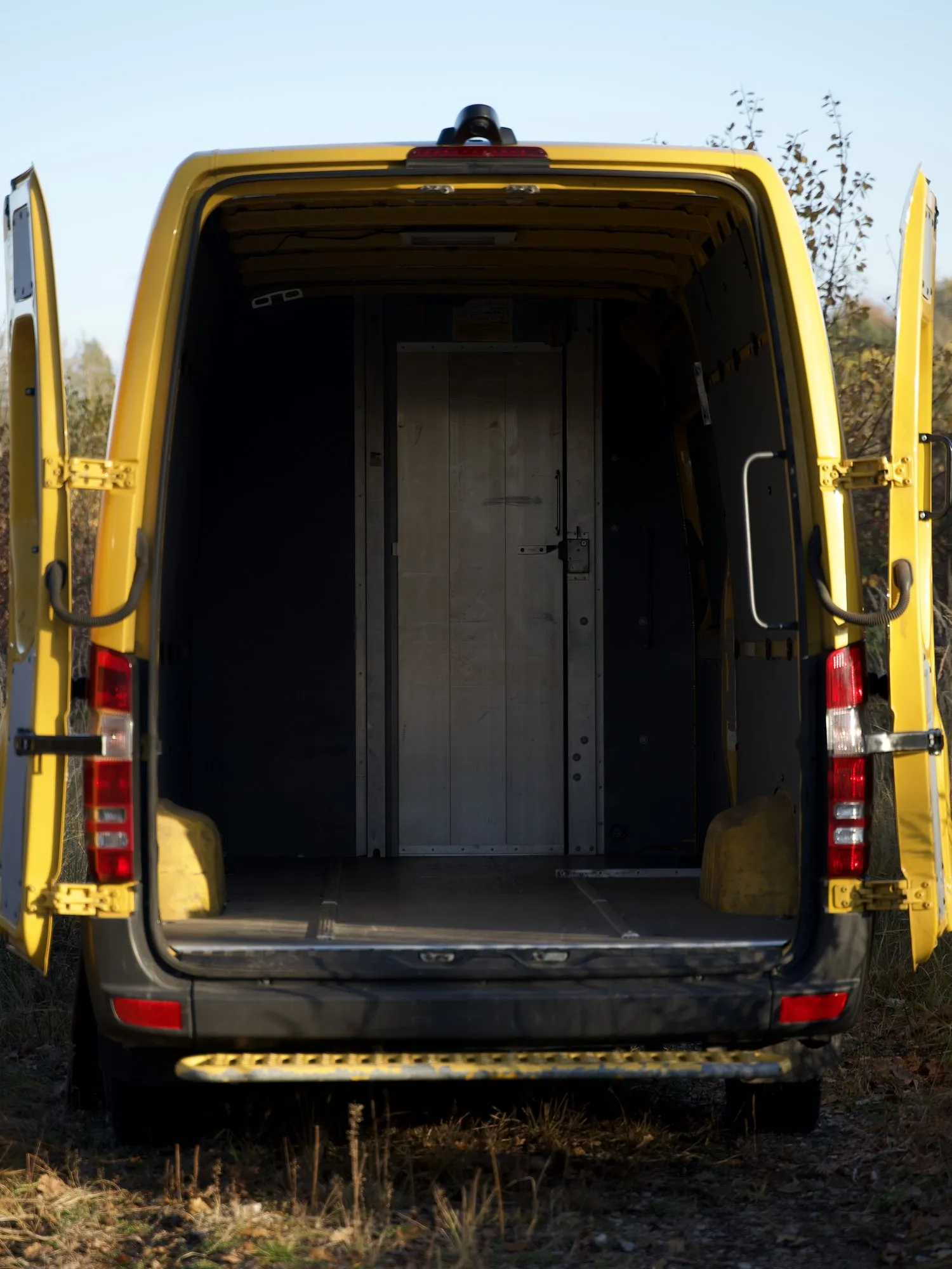 Empty cargo area through the open rear doors
